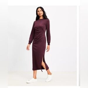 LOFT Side-Pleated Midi Long Sleeve Dress | Heathered Burgundy| Size L